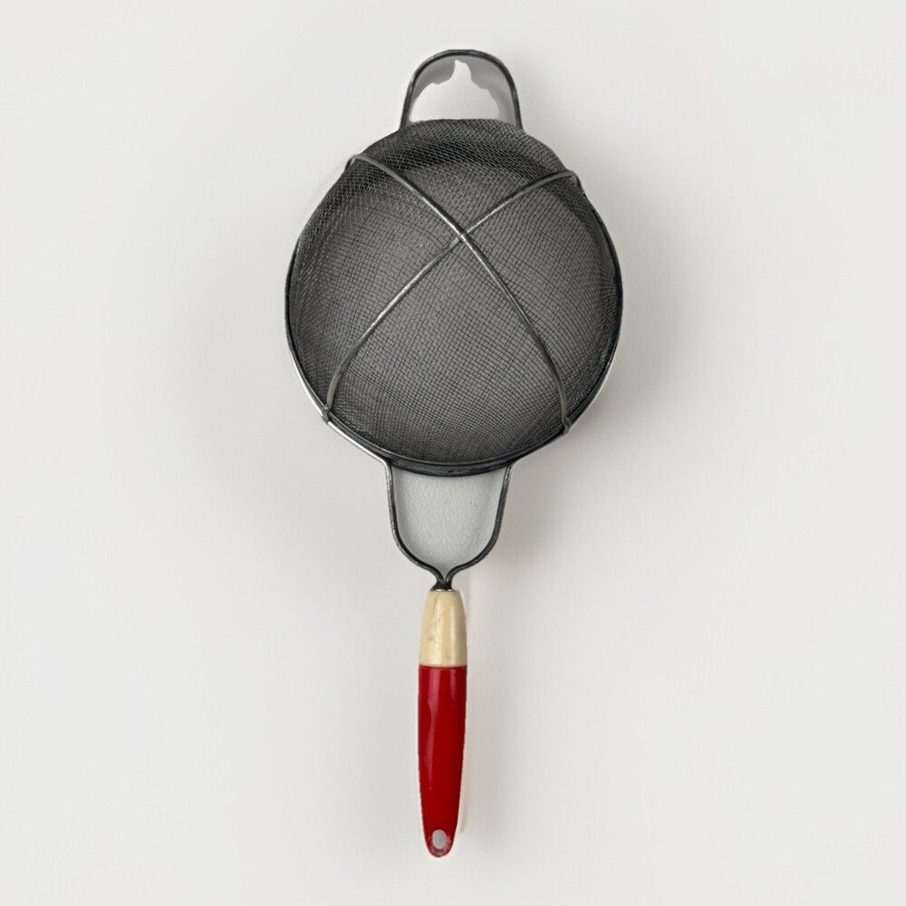 Vintage Androck 14″ Sieve Strainer‎ Red Swirl Bakelite Handle Kitchen Utensil